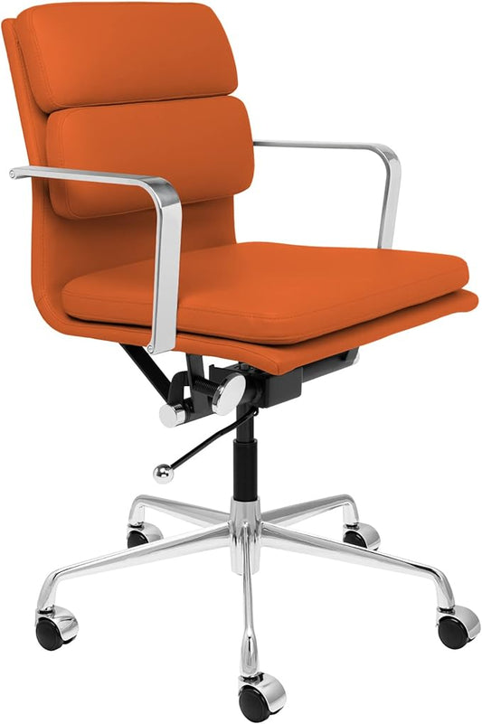 Laura Davidson Furniture SOHO II Padded Management Office Chair - Mid Back Desk Chair with Arm Rest, Swivel & Cushion Availability, Made of Faux Leather, Orange, Computer Chair