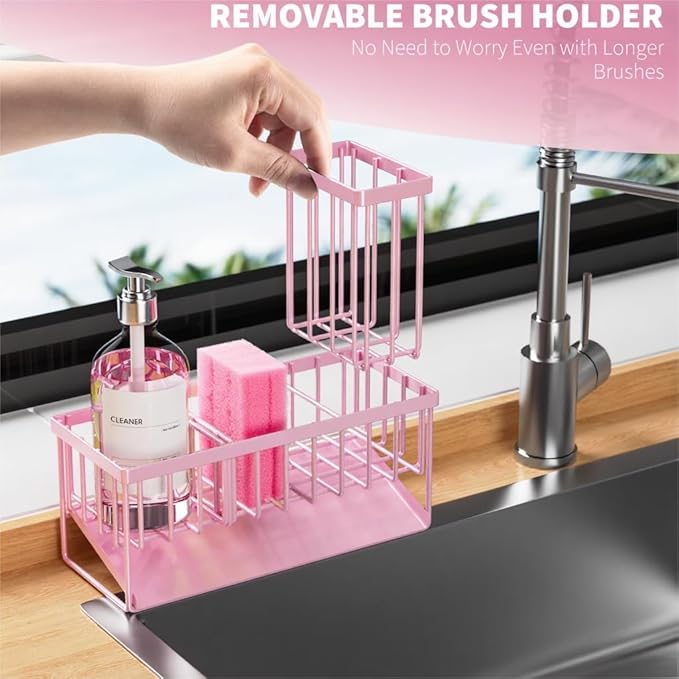 Cisily Pink Kitchen Sink Caddy Organzier with High Brush Holder, Sponge Holder for Sink, 304 Rustproof Stainless, Kitchen Countertop Soap Dispenser Organizer