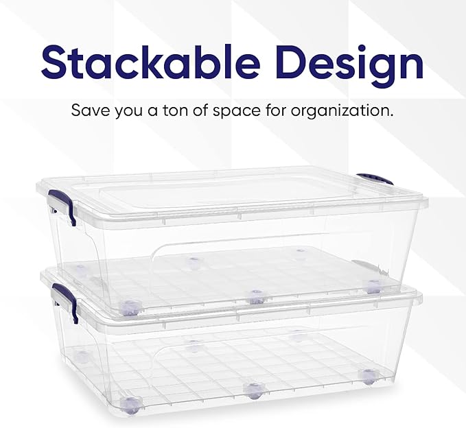 Superio Storage Bins with Lids- Clear Boxes for Organizing, Stackable Plastic Containers- BPA Free, Non-Toxic, Odor Free, Organizer for Home, Office, Dorm (8 Pack, 42 Qt (Under Bed-Wheeled))