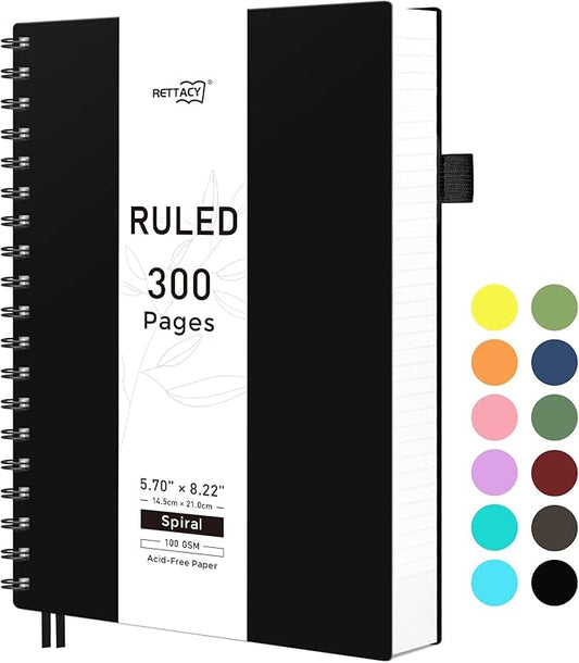 RETTACY Spiral College Ruled Notebook, 300 Pages, A5 Medium Size (5.7" x 8.2"), for School, Work, Writing, Journaling, 100 GSM Thick Paper, Flexible Plastic Cover (Black)