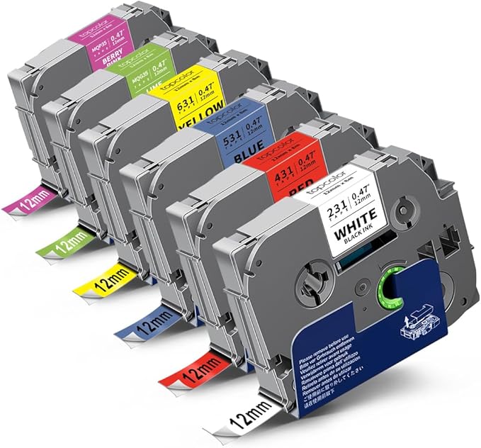 6-Pack 12mm 0.47" Multi-Color Label Tape Compatible for Brother Tze431 Tze531 Tze631 Tze MQG35 MQP35 P Touch Tze Tz Tape 12mm 0.47" Laminated White for PTH110 PTD220 PTD210 PTD400 PTD610BT