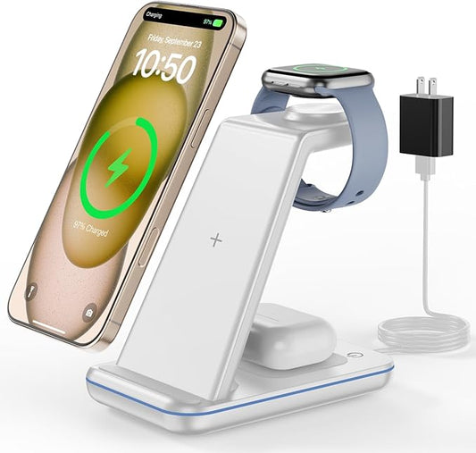 3 in 1 Wireless Charging Station, Wireless Charger Stand for Multiple Apple Devices, Wireless Charger for iPhone 17 16 15-11 Pro Max XS XR 8, Apple Watch 11 9 8 7 6 SE 5 4 3 2, Air Pods 3/2/Pro