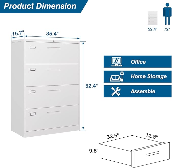4 Drawer File Cabinet, Lateral Filing Cabinets for Home Office, Office Storage Drawers with Lock, Hanging Files Legal/Letter A4 Size (Assemble Required,White)