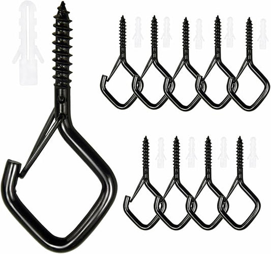 10PCS Eye Screw Hooks for Hanging Heavy Duty with Safety Buckle.Metal Ceiling Hooks for Hanging Plants,Cup,Wind Chime,Bird Feeders,String Lights at Indoor&Outdoor,2.36 Inches Black