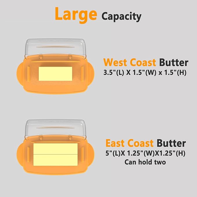 Butter Dishes with Lid for Countertop Refrigerator, Clear Butter Dish Plastic Flip Top Lid Butter Container with Spreader, Non-Slip Bottom Butter Holder Keeper (Transparent Cover Orange)