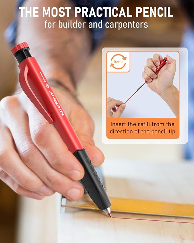 Nicpro 3 Pack Carpenter Pencil Set with Sharpener & Finger Grip, Mechanical Woodworking Pencils with 39 Refills (Red, Black, Yellow), Deep Hole Marker Heavy Duty Construction Pencils - With Case