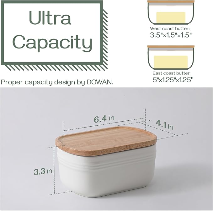 DOWAN Ceramic Butter Dish, Extra Large Butter Keeper for Countertop or Fridge, Airtight Butter Container with Wooden Lid, Farmhouse Kitchen Decor and Accessories, Freezer Safe, Soft White