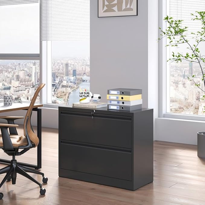 2 Drawer Lateral File Cabinet with Lock, Metal Filing Cabinets for Home Office, Steel Storage Wide File Cabinet for Letter/Legal/F4/A4 Size with Hanging Bars, Assembly Required (Black)