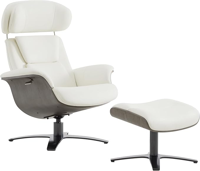 CHITA Genuine Leather Reclining Swivel Chair with Adjustable Headrest and Ottoman for Living Room, White