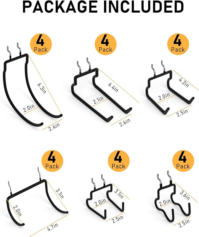 INCLY 24 Pack Heavy Duty Pegboard Hooks, 1/4" Pegboard Drill Holder Tool Utility Hooks, Peg Board Tool Hangers Accessories for Hanging Power Tools, Drill, Hammer, Workbench, Garage