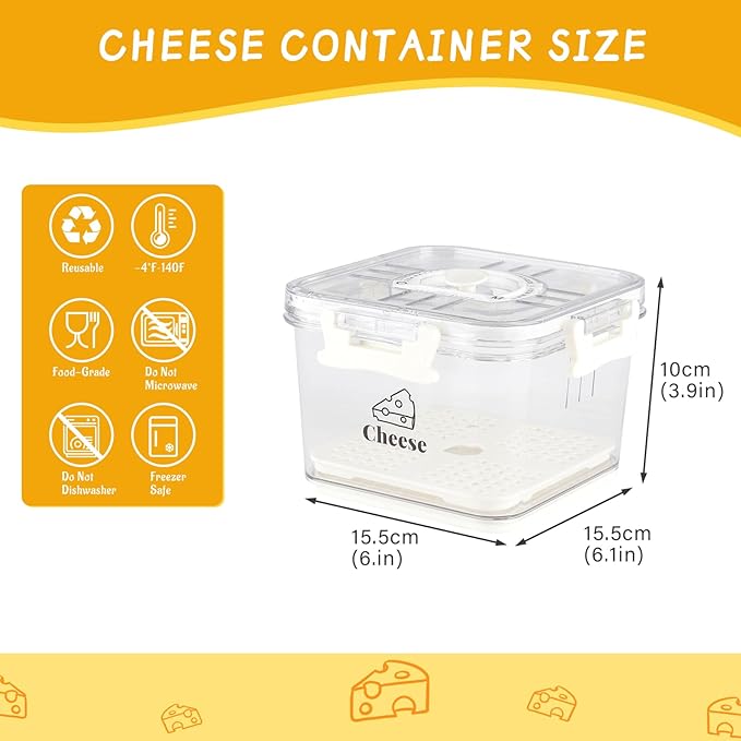 Cheese Container for Refrigerator,Cheese Keeper with Airtight Lid and Time Recording,Cream Block Shredded Cheeses Storage Box,Sliced,Grated,Cheddar Cheeses Box For Fridge,kitchen Organizer