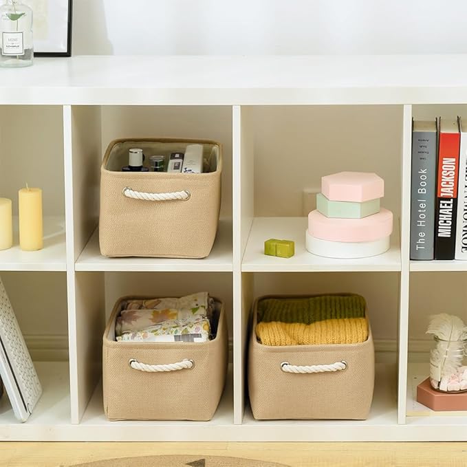 TheWarmHome Storage Bins for Shelves - Medium 3Pack 13.8L*9.8W*6.7H inch Canves Storage Basket for Organizing, Fabric Storage with Handles for Clothes Baby Dog Toys(Beige)