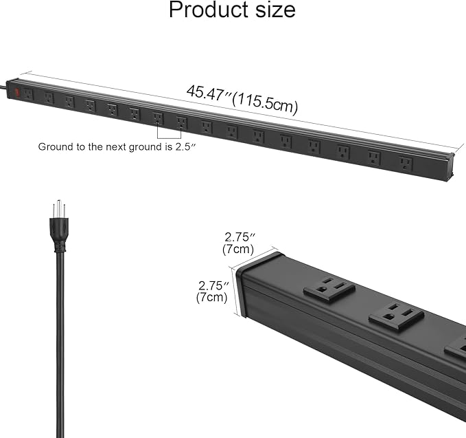 Heavy Duty Power Strip - 16 Outlet Large Metal Industrial Power Strip, 4FT Cord, 15A, 125V, 1875W (Black)