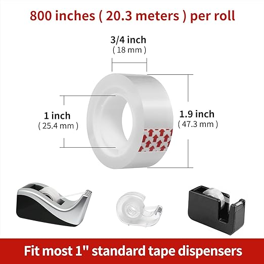 72 Rolls Transparent Tape Refills, Clear Tape, 3/4 x 800 Inches, Glossy Gift Wrapping Tapes for Dispenser, Office, School, Home
