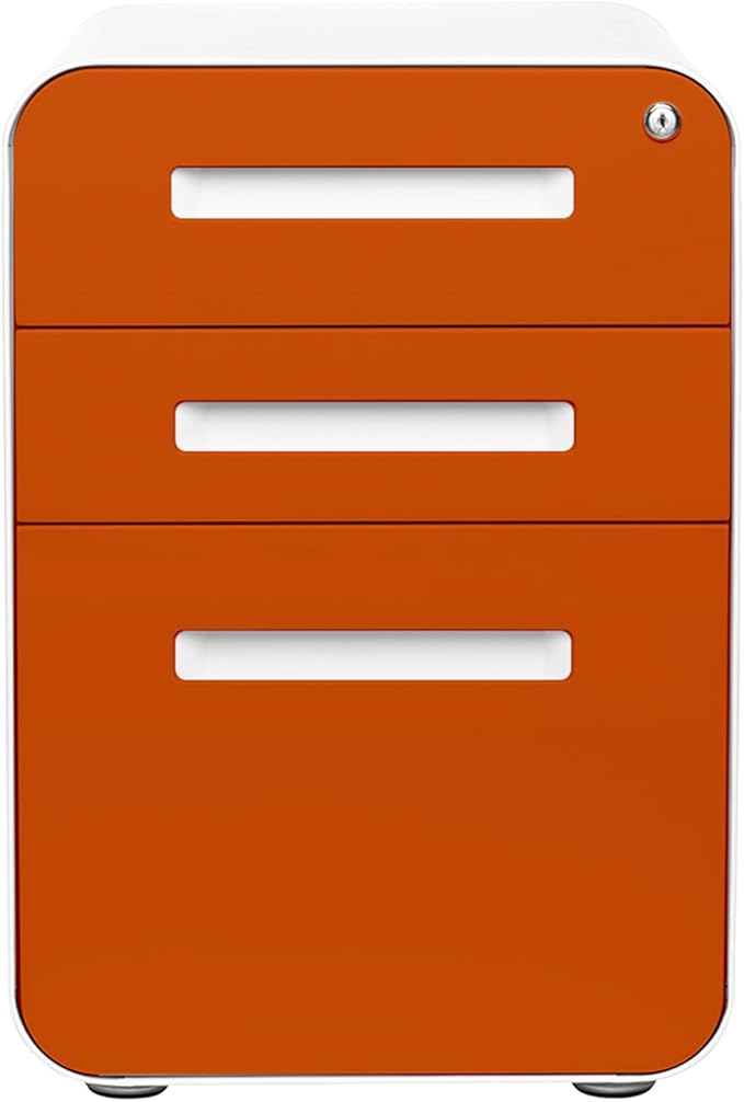 Laura Davidson Furniture Stockpile 3 Drawer File Cabinet with Lock - Under Office Desk Metal Filing Cabinet, Legal/Letter File Folders, Wheels and Stationary Feet, Pre-Assembled, Orange Faceplate