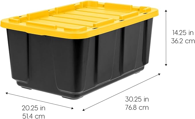 IRIS USA 27 Gallon Heavy Duty Truck Bed Toolbox Storage Tote Bins with Lids, 4 Pack - Made in USA, Tough Snap On Lockable Lid Stackable Industrial Tubs, Garage Organization Reusable Box - Black/Yellow