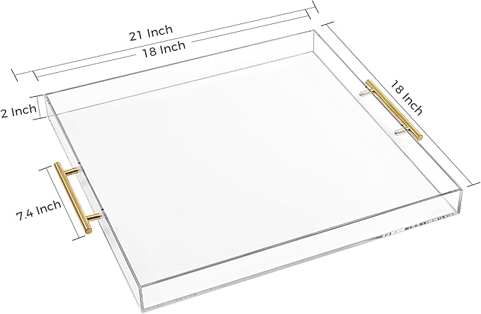 Extra Large Clear Acrylic Serving Tray (18×18 Inches) with Gold Handles Spill Proof Acrylic Over Size Big Decorative Tray Organiser for Ottoman Coffee Table Countertop