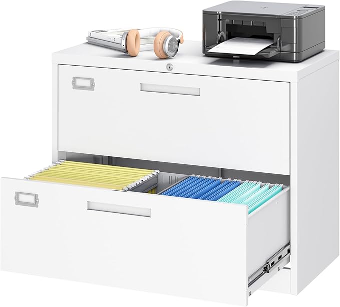 2 Drawer File Cabinet, Lateral Filing Cabinets for Home Office, Office Storage Drawers with Lock, Hanging Files Legal/Letter A4 Size (Assemble Required,White)