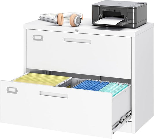 2 Drawer File Cabinet, Lateral Filing Cabinets for Home Office, Office Storage Drawers with Lock, Hanging Files Legal/Letter A4 Size (Assemble Required,White)