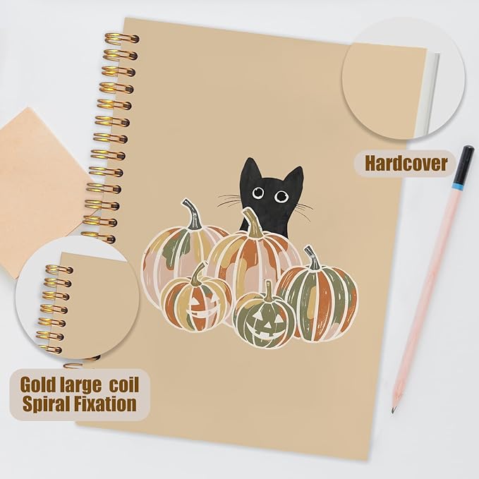 WUCHJ Halloween Black Cat Pumpkin Notebook, Fall Halloween Pumpkin Journal, Black Cat Gifts, Farmhouse Fall Autumn Spiral Notebook Journal for Note Taking, 5.5x8.3 Inch