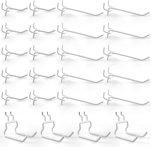 G.CORE 24-Pack Pegboard Hooks, 2" 4" Peg Board Tool Utility Hangers Fit 1/4" Pegboards, Heavy Duty Metal Shelving Brackets, Wall Organizers and Storage for Craft Room Garage Workbench Office (White)