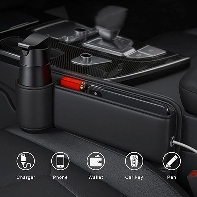 2-Pack car seat Gap Filler Organizer with Cup Holder, Adjustable Car Seat Gap Storage Box Leather with Cup Holder for Phones Glasses Keys Cards (Black. Driver- Passenger)