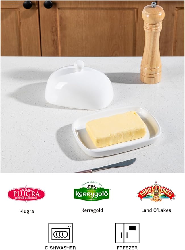 Sweejar Ceramic Butter Dish with Lid for Countertop,Porcelain Butter Keeper with Knob Handle,Butter Container for East/West Coast Butter, 7.3*4.1 inches (White)