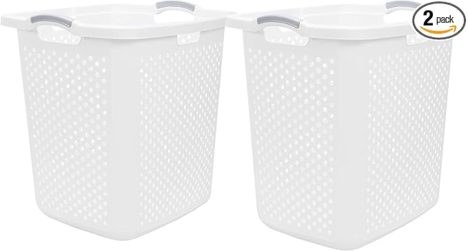 (2-Pack), 2.5 Bushel Plastic Dirty Laundry Basket, White, With two Handles.Ideal for Families, Apartments, and Dormitory Rooms。
