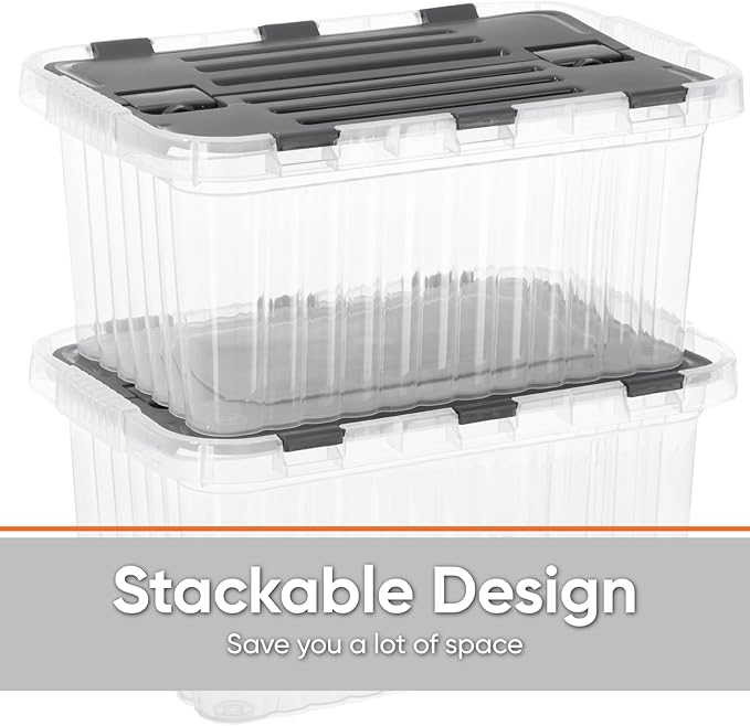Superio Storage Bins with Lids, Clear Plastic Containers for Organizing, Stackable Totes, BPA Free, Odor Free, Organizer Boxes for Home, and Dorm, 53 Quart (4 Pack, 20.25"x14"x14.6")
