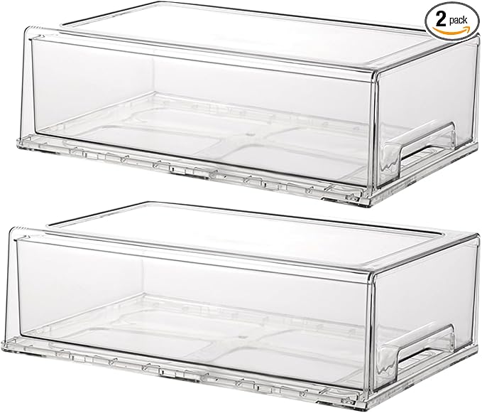 Stackable storage drawers, clear pull-out organizer with handles and non-slip pads for kitchen, refrigerator,office desktop, pantry and shelves, perfect for organization and storage (2 Pack, Large)