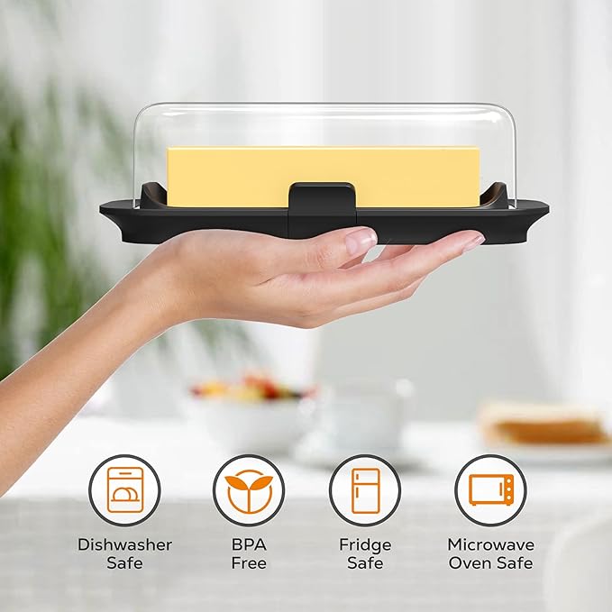 Butter Dish with Lid for Countertop and Refrigerator Door Shelf, Airtight Butter Keeper Container, Locking Butter Holder for East/West Coast Butter, BPA-free, Microwave/Dishwasher Safe
