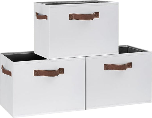 GhvyenntteS Large Fabric Storage Bins with 3 Handles, 15x11x9.6 Inch Storage Baskets for Shelves, Foldable Closet Storage Bins for Shelves, Closet Organizers and Storage Boxes, White