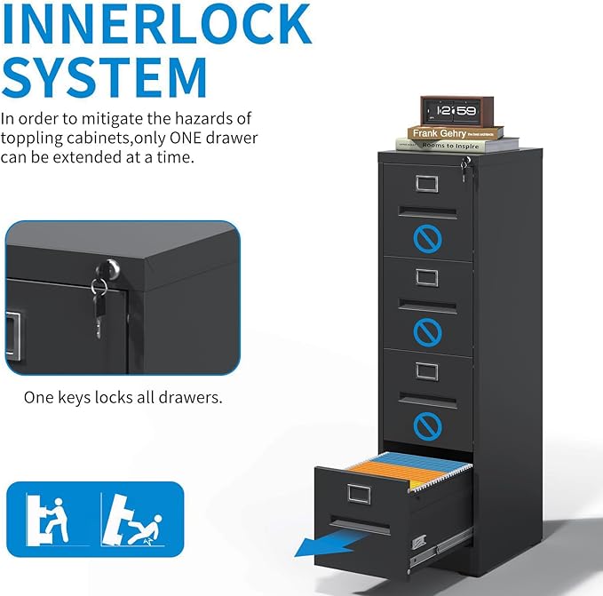 4 Drawer File Cabinet with Lock, Metal Vertical Filing Storage Cabinet for Home Office, Steel Vertical File Cabinets for A4 Legal/Letter Folders,Silent Sliding Drawers, Assembly Required (Black)