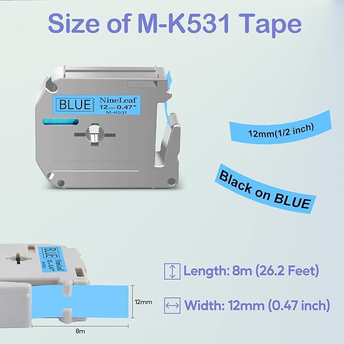 NineLeaf 4 Pack Compatible for Brother P-Touch M Tape M-K531 M-K531S MK531 M531 12mm 0.47'' Black on Blue Label Tape for PT-70BBVP PT-70BMH PT-70HK PT-70HOL PT-70HOT Label Maker