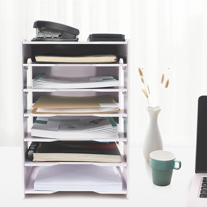 SONGWAY File Organizer for Desk - 7 Tier Document Holder with Removable Shelves, Letter Mail Rack, File Sorter Organizer, A4 Paper Storage Holder, Desktop Organizer for Home Office School, White