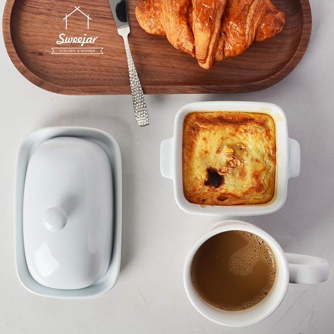 Sweejar Ceramic Butter Dish with Lid for Countertop,Porcelain Butter Keeper with Knob Handle,Butter Container for East/West Coast Butter, 7.1*3.7 inches (White)