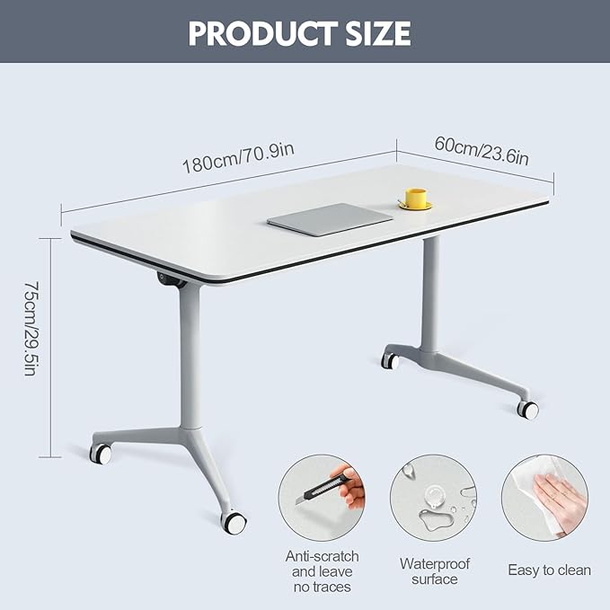 Folding Conference Room Table, Modern Mobile Training Table with Wheels, White Foldable Seminar Meeting Tables for Office Corporations (2pack 70.9in)