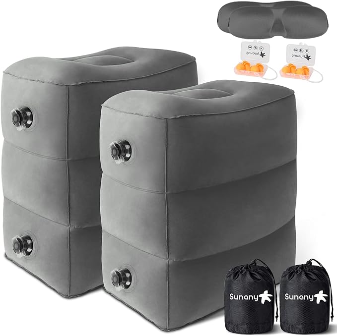 Sunany Inflatable Foot Rest Pillow for Airplane - Kids/Adults - Adjustable Height Cushions, to Sleep While Traveling,Suitable for Office,Home and Any Travel（Dark Grey,2 Pack）