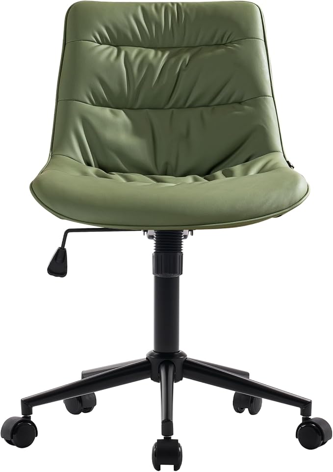 Kidol & Shellder Faux Leather Office Chair, Adjustable Swivel Height Task Chair, Rolling Wheels & Soft Backrest - Armless Ergonomic Desk Chair for Home, Office,Vanity,Gaming（Bean-Green）