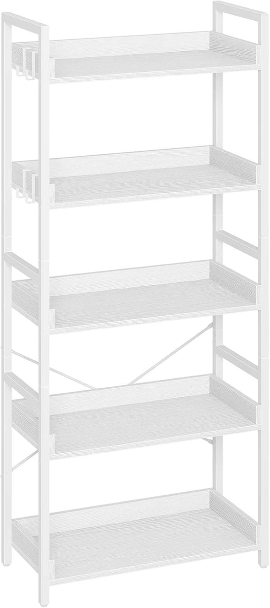 Rolanstar Bookshelf 5 Tier with 4 Hooks, Industrial Wood Bookcase, Vintage Storage Rack with Open Shelves, Rustic Standing Bookshelves Metal Frame Display Rack for Living Room, Bedroom, White