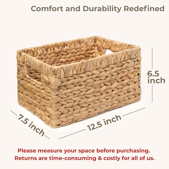 KOKODO Pack 3 Medium Wicker Storage Baskets with Chalkboard, Stylish and Durable Water Hyacinth Rectangle Handwoven Basket Bin with Metal Frame & Handle for Room Organizing