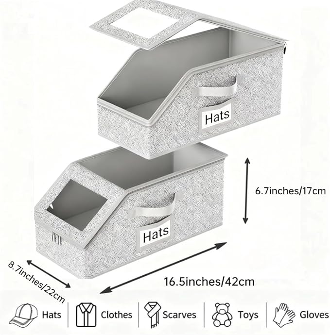 Space-Saving Hat Box with Clear Window Zipper Lid 2-Pack Stackable Closet Hat Organizer for Baseball Caps 16.5*9*7 Inches Grey