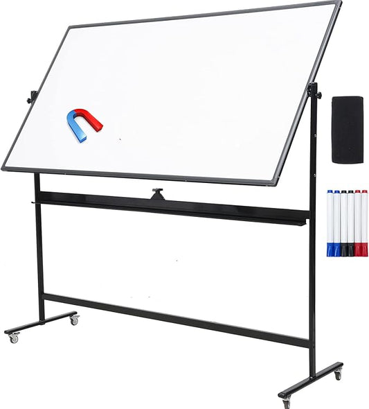 72" x 48" Double-Sided Mobile Whiteboard with Stand, Extra Large Rolling Magnetic Dry Erase Board, Reversible Black Frame Whiteboard for Office, Classroom, Heavy-Duty Presentation Easel