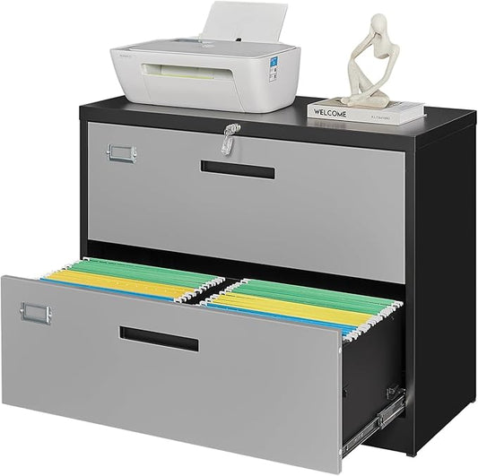 2 Drawer File Cabinet, Lateral Filing Cabinets for Home Office, Office Storage Drawers with Lock, Hanging Files Legal/Letter A4 Size (Assemble Required,Black Grey)