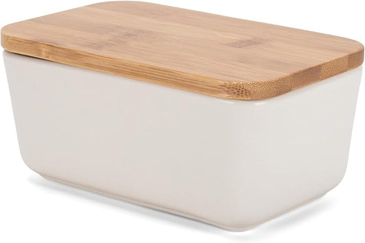 Nat & Jules Ceramic Stoneware 1/2 Pound, 2 Sticks Butter Dish with Airtight Bamboo Lid, Kitchen Accessory, Container Holder, Refrigerator Storage and Countertop Organization, Matte Cream