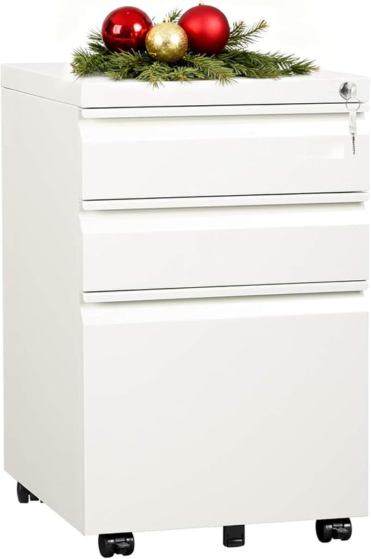 DEVAISE 3-Drawer Mobile File Cabinet (Under Office Desk), Assembled Except Casters, Fits Letter/Standard Sizes, White