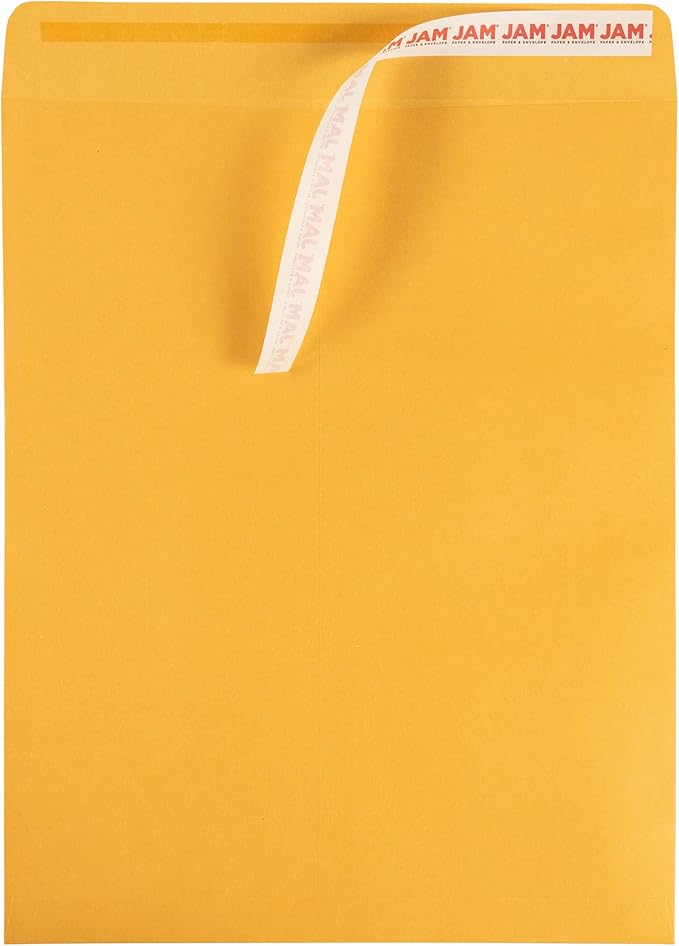 JAM PAPER 11 1/2 x 14 1/2 Open End Catalog Commercial Envelopes with Peel and Seal Closure - Brown Kraft Manila - 100/Pack