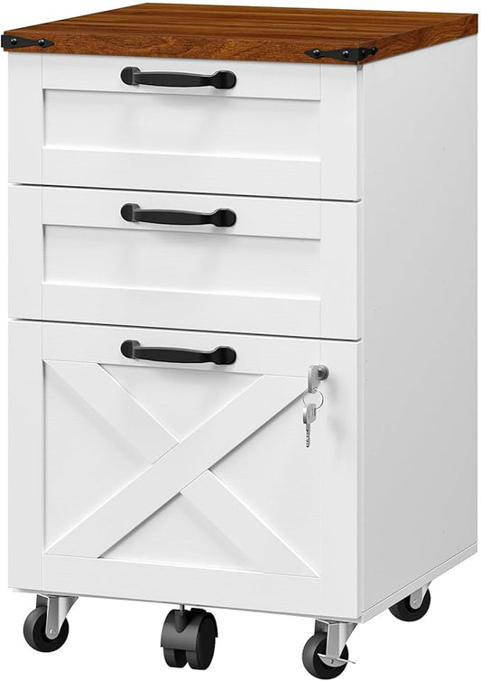 HOOBRO 3 Drawer File Cabinet with Lock, Mobile Farmhouse Filing Cabinet for A4/Letter Size, Under Desk Rolling Office Cabinet, Printer Stand with Storage for Home Office, White and Walnut WH67WJ01