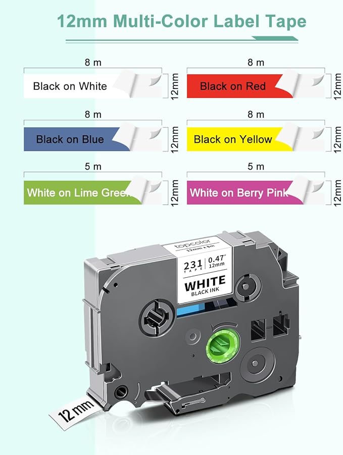 6-Pack 12mm 0.47" Multi-Color Label Tape Compatible for Brother Tze431 Tze531 Tze631 Tze MQG35 MQP35 P Touch Tze Tz Tape 12mm 0.47" Laminated White for PTH110 PTD220 PTD210 PTD400 PTD610BT