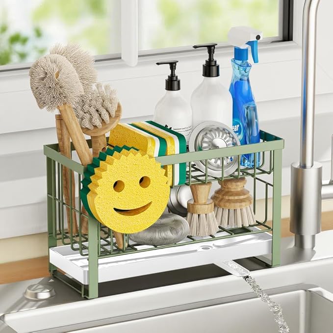Sponge Holder for Kitchen Sink with Flexible Sponge Holder Smiley Face,2 Tier Kitchen Sink Organizer Countertop and Storage Essentials,Soap Dispenser Organize,Home Decor Accessories-Green